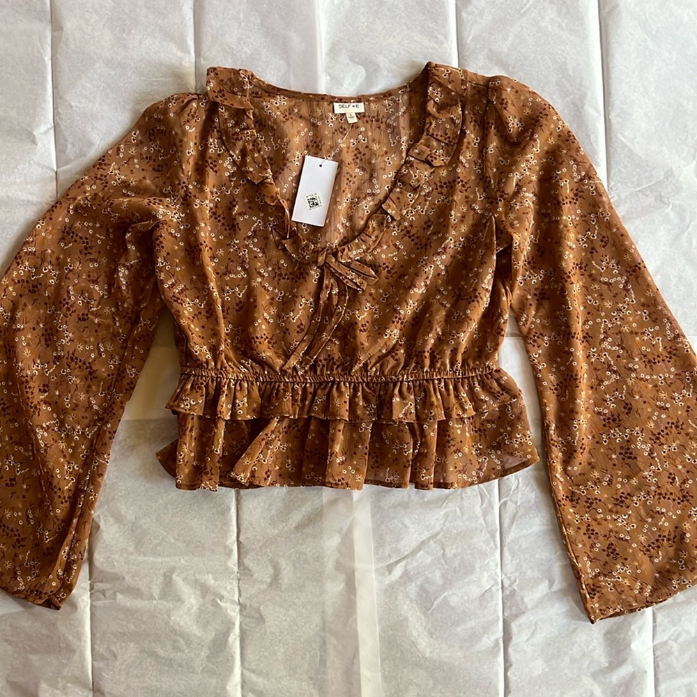 Women fall woven tan floral blouse, transparent
